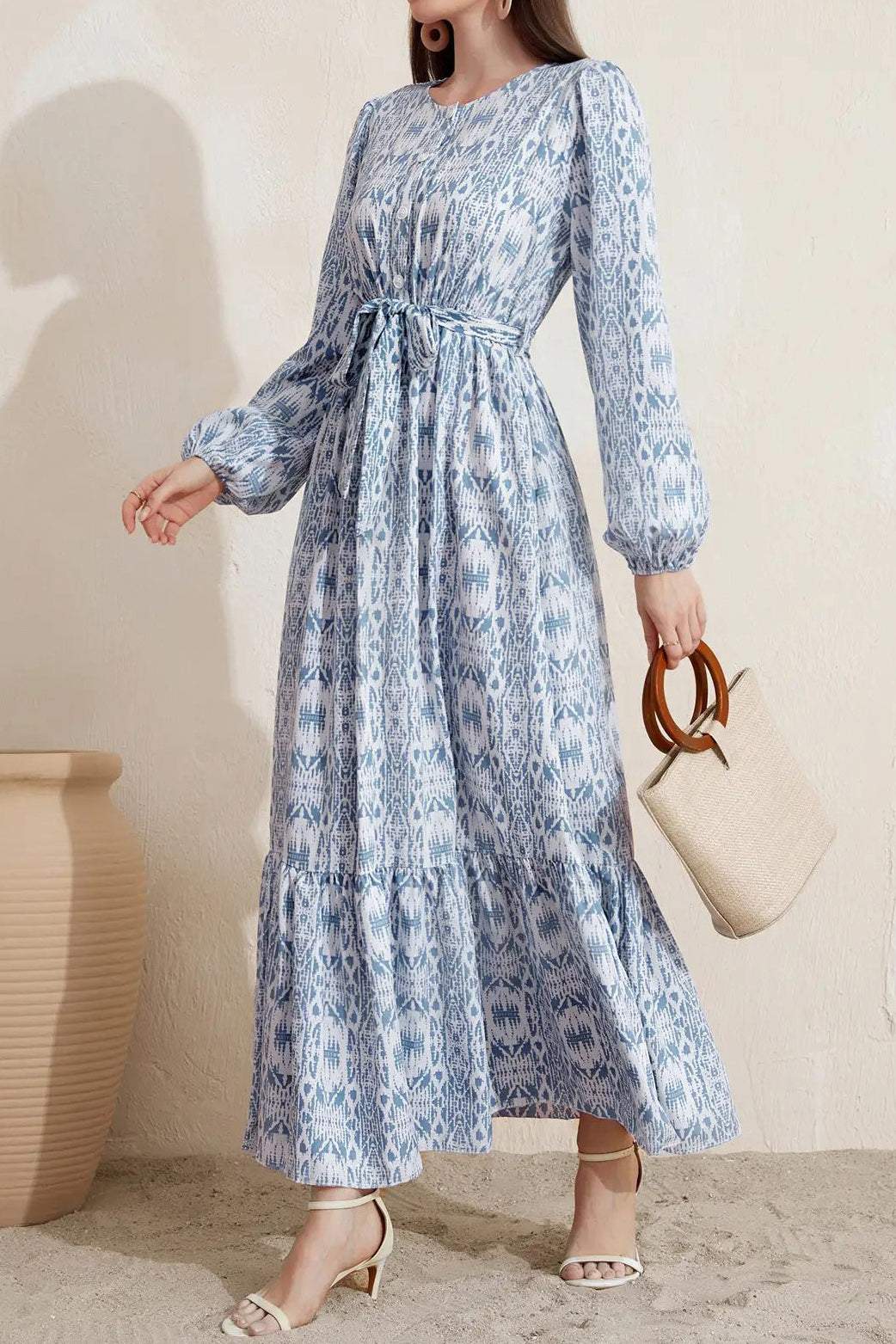 Round Neck Printed Maxi Prairie Dress - liwisi