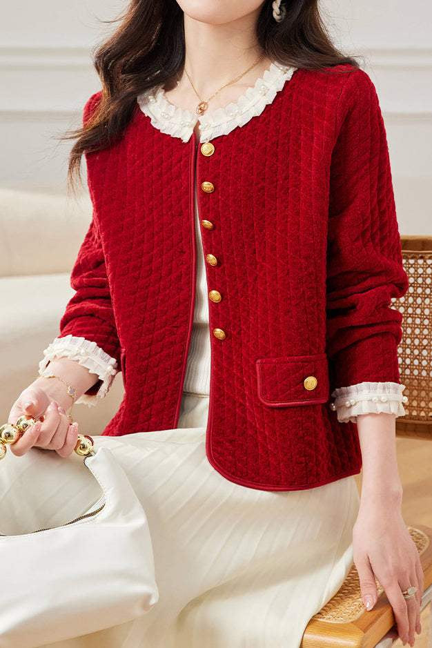 Elegant Ruffled Collar Pearl Decor Jacket - 3 Colors Available - liwisi