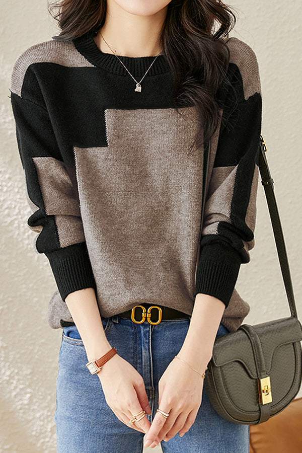 Casual Comfortable Dual-Tone Crew Neck Knit Sweater - liwisi