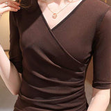 Short Sleeve V-Neck Front Cross Side Gathered Knit - 8 Colors Available - liwisi