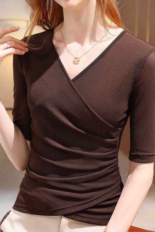 Short Sleeve V-Neck Front Cross Side Gathered Knit - 8 Colors Available - liwisi