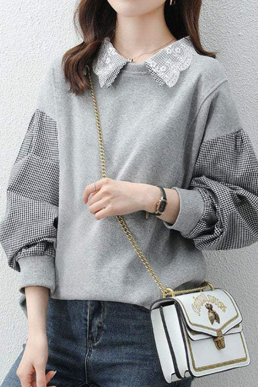 Mixed Material Chelsea Collar Embroidered Lace Decor Sweatshirt - 3 Colors Available - liwisi