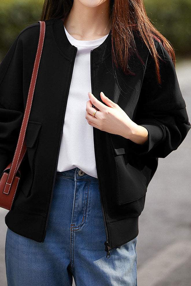 Round Neck Double Flap Pocket Long Sleeve Blouson-2 Colors Available - liwisi