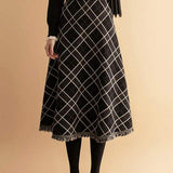 Two-Piece Set: Turtle Neck Side Lace-Up Knit + Fringe Decor Check Pattern Long Knit Skirt - 2 Colors Available - liwisi