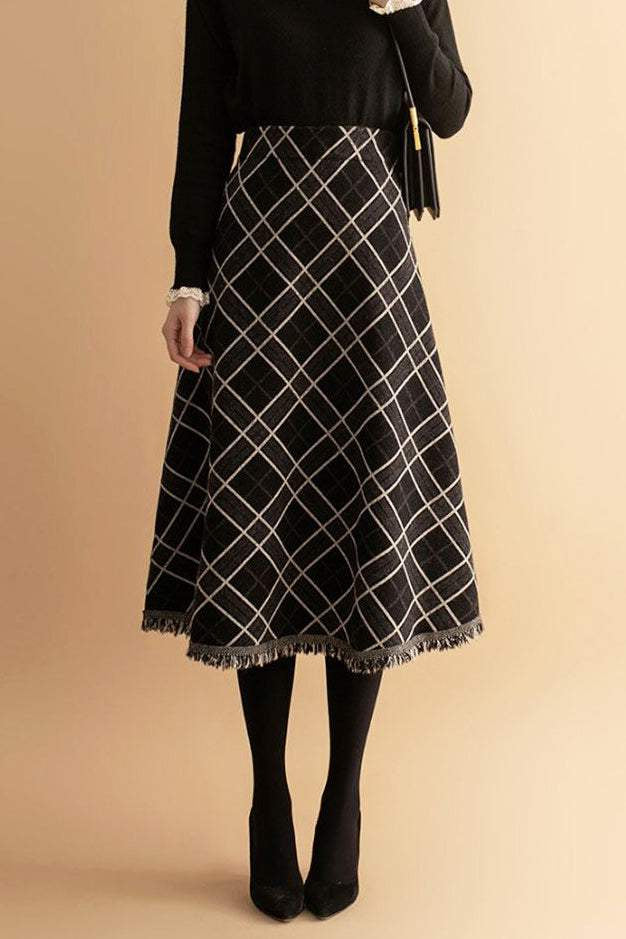 Two-Piece Set: Turtle Neck Side Lace-Up Knit + Fringe Decor Check Pattern Long Knit Skirt - 2 Colors Available - liwisi