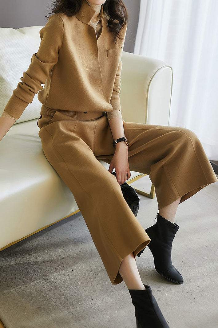 Skipper Collar Double Button Long Sleeve Top + Side Pocket Long Slacks + Back Slit Simple Long Skirt - liwisi