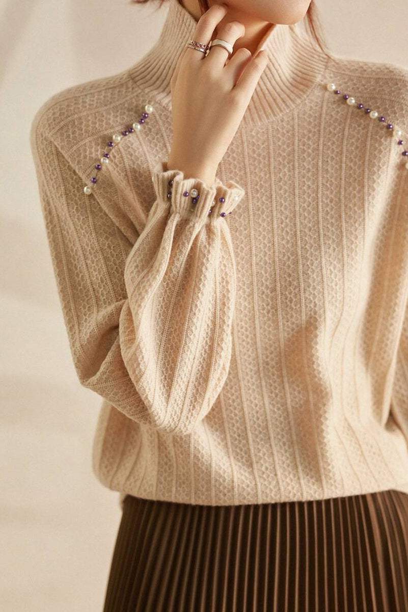 Elegant beaded high - neck knitted sweater - liwisi