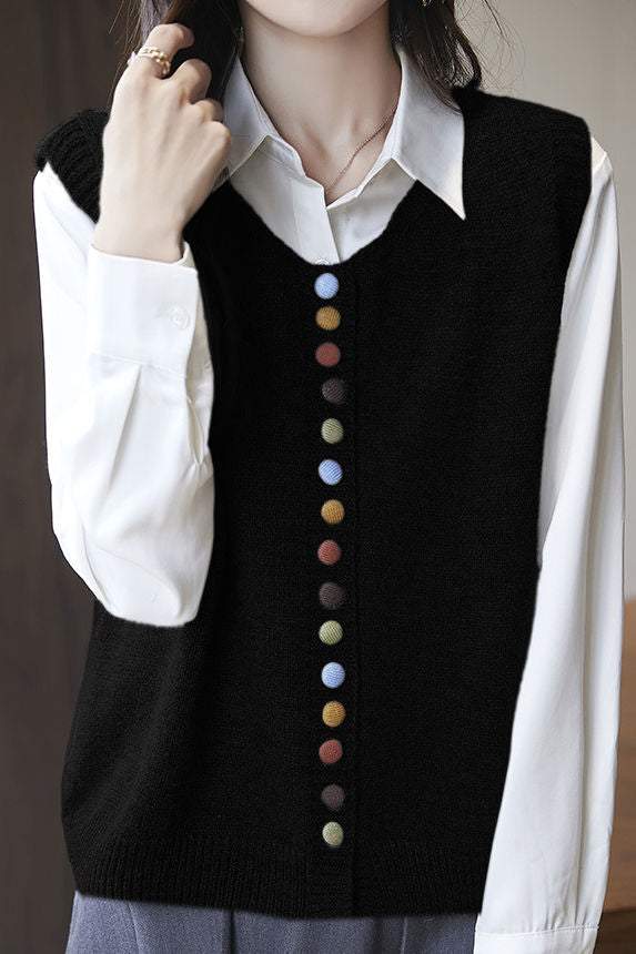 Colorful Button Round Neck Knitted Vest - liwisi