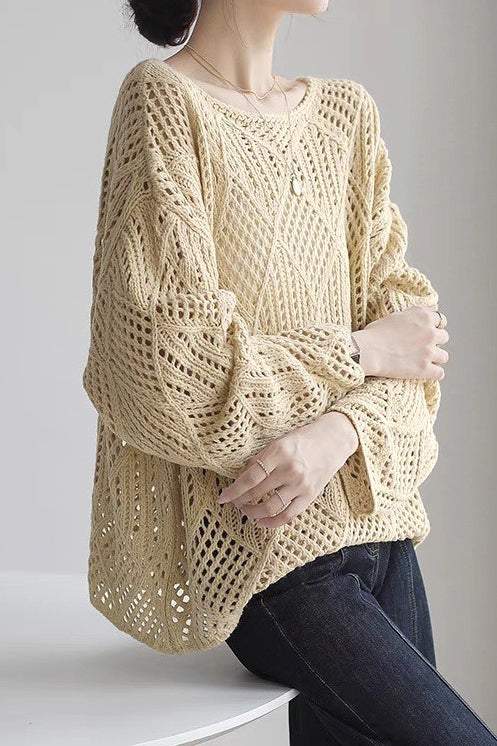 Round Neck Openwork Drop Shoulder Knit - 2 Colors Available - liwisi