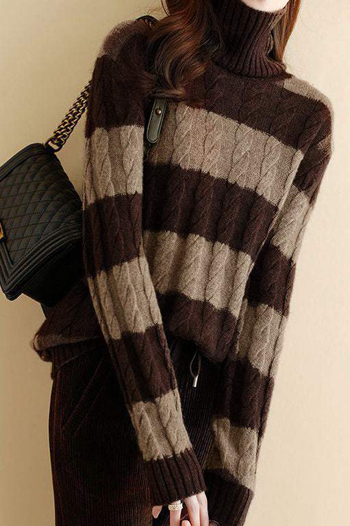 Color-Block Striped Cable Knit Turtleneck Sweater - liwisi