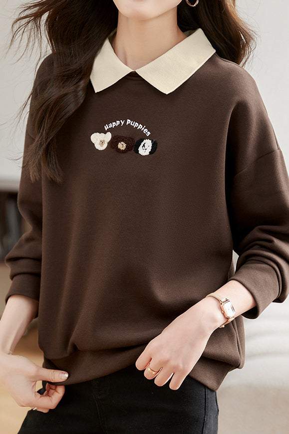Dog Pattern Embroidered Patchwork Long Sleeve Casual Sweatshirt - 3 Colors Available - liwisi
