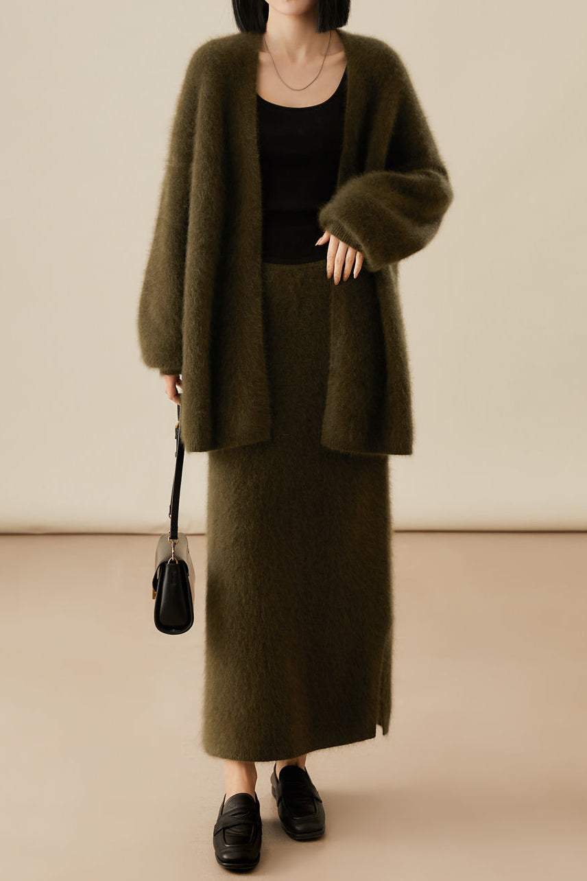 Cashmere-like Knit Cardigan and Knit Skirt Set - liwisi