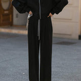 Two-Piece Set: Tall Collar Rib Hem Zip-Up Knit Cardigan + Drawstring Long Knit Pants - 3 Colors Available - liwisi