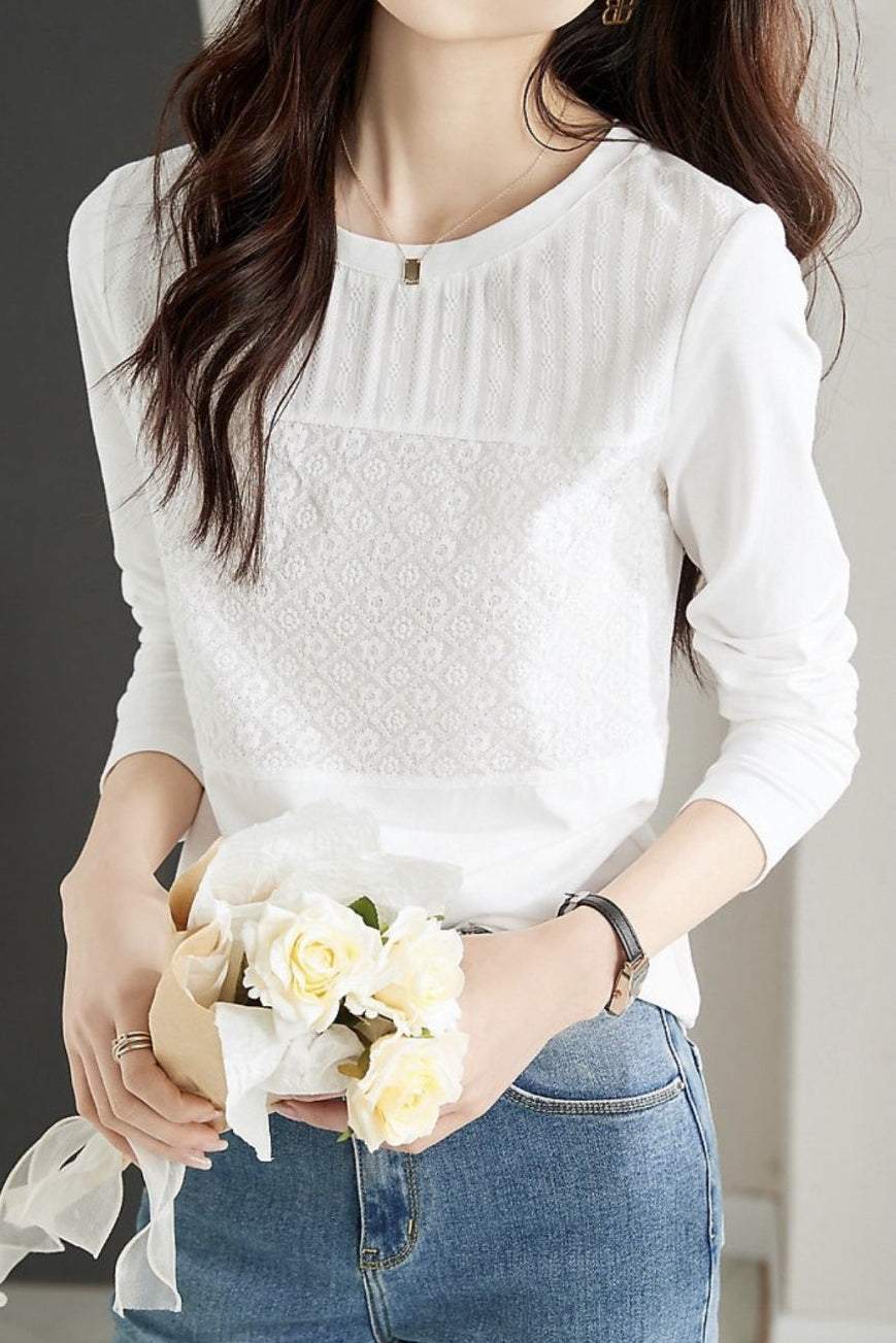Round Neck Flower Embroidered Lace Contrast Blouse - liwisi