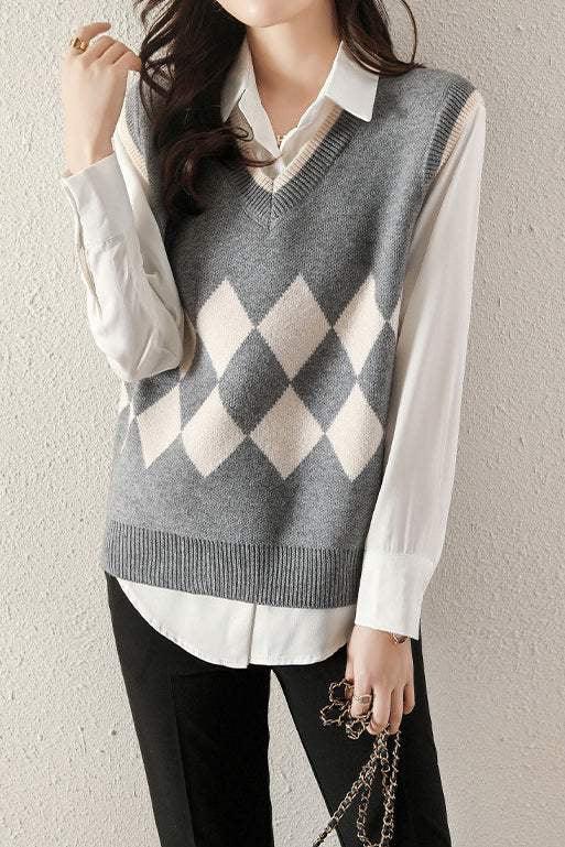Casual V-Neck Diamond Pattern Knit Vest - 3 Colors Available - liwisi