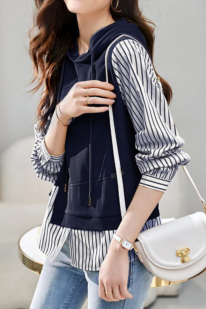 Mixed Material Striped Panel Hoodie - liwisi