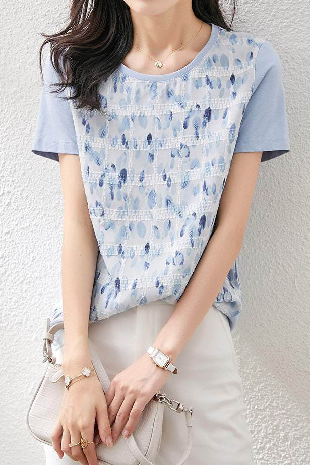Round Neck Art Print Jacquard Check Contrast T-Shirt with Lining - liwisi