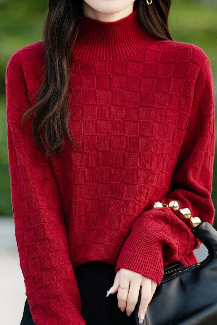 Half turtleneck solid-color sweater with square decorations - liwisi