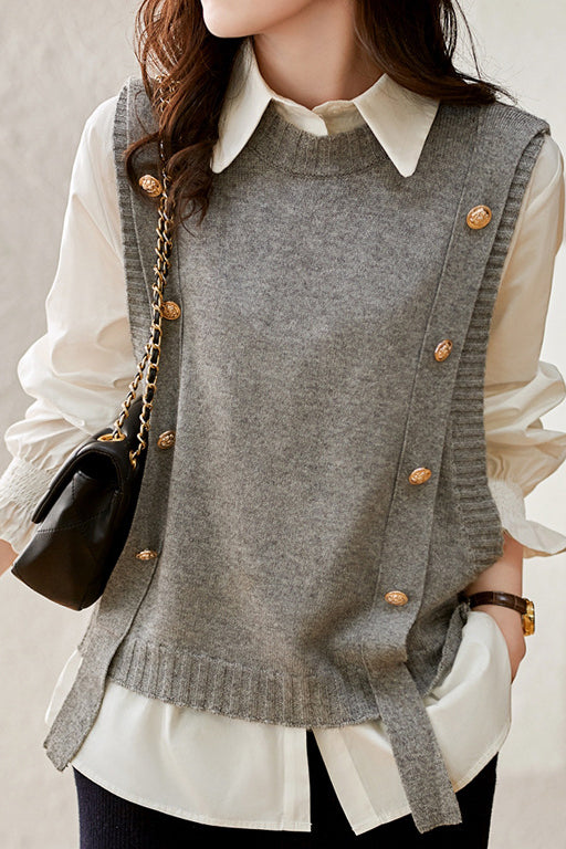 Two-piece set, knitted vest with round button decoration + shirt with frilled collar and frilled cuffs - liwisi