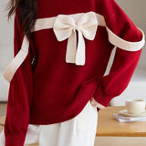 Red Round Neck Loose Knit with Ribbon - liwisi
