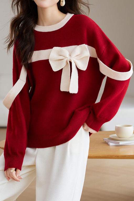 Red Round Neck Loose Knit with Ribbon - liwisi