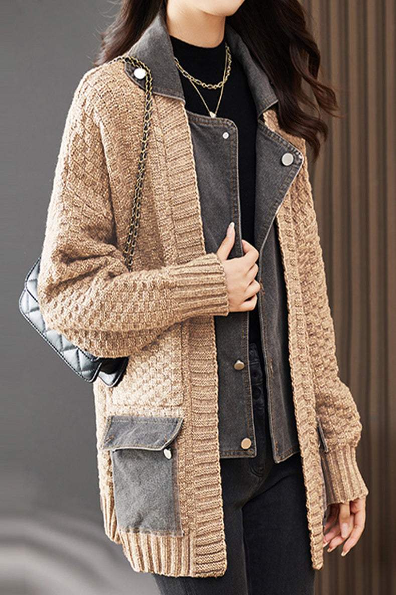 Spliced knitted cardigan coat - liwisi