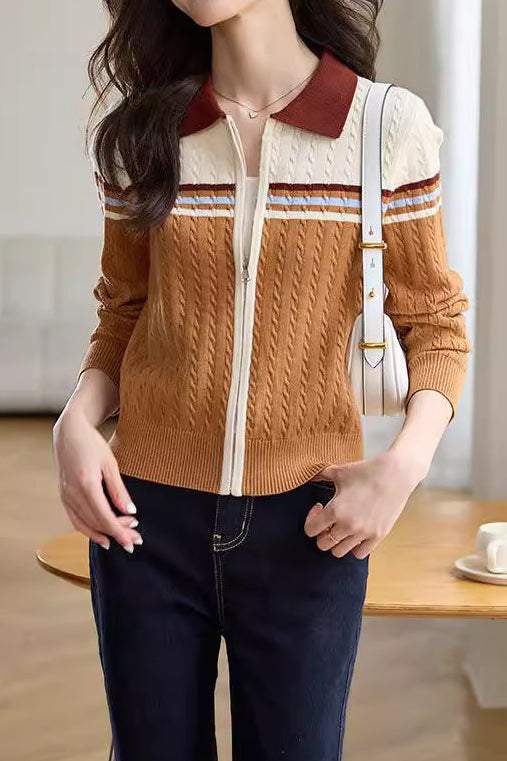 Polo Collar Retro Color-Block Knit Cardigan - liwisi