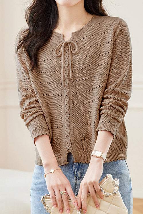 Hollowed-out round-neck knitted shirt - liwisi