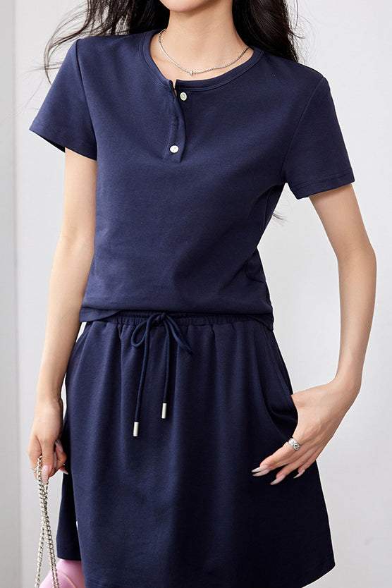 Two-Piece Set: Round Neck Slit Opening Short Sleeve T-Shirt + Logo Embroidered Drawstring Shorts - 2 Colors Available - liwisi