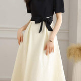 Bi-Color Square Neck Tie-Belted Flare Dress with Lining - liwisi