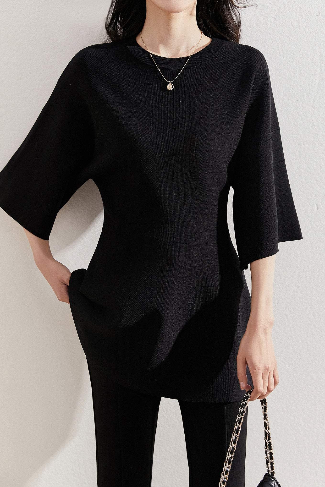 Round Neck Drop Shoulder Knit Tunic - liwisi