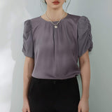 Mixed Material Round Neck Gathered Sleeve Blouse - 2 Colors Available - liwisi