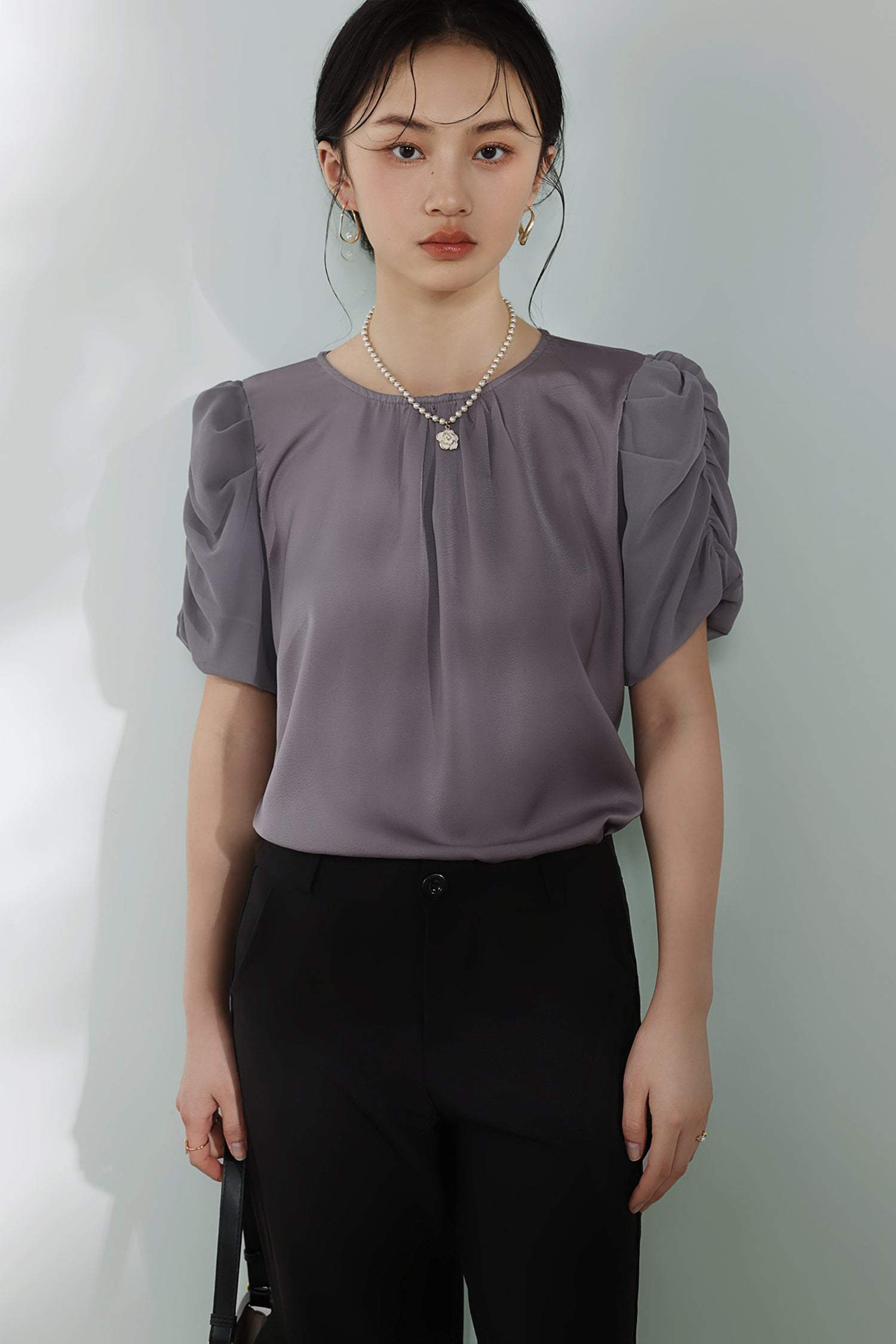 Mixed Material Round Neck Gathered Sleeve Blouse - 2 Colors Available - liwisi