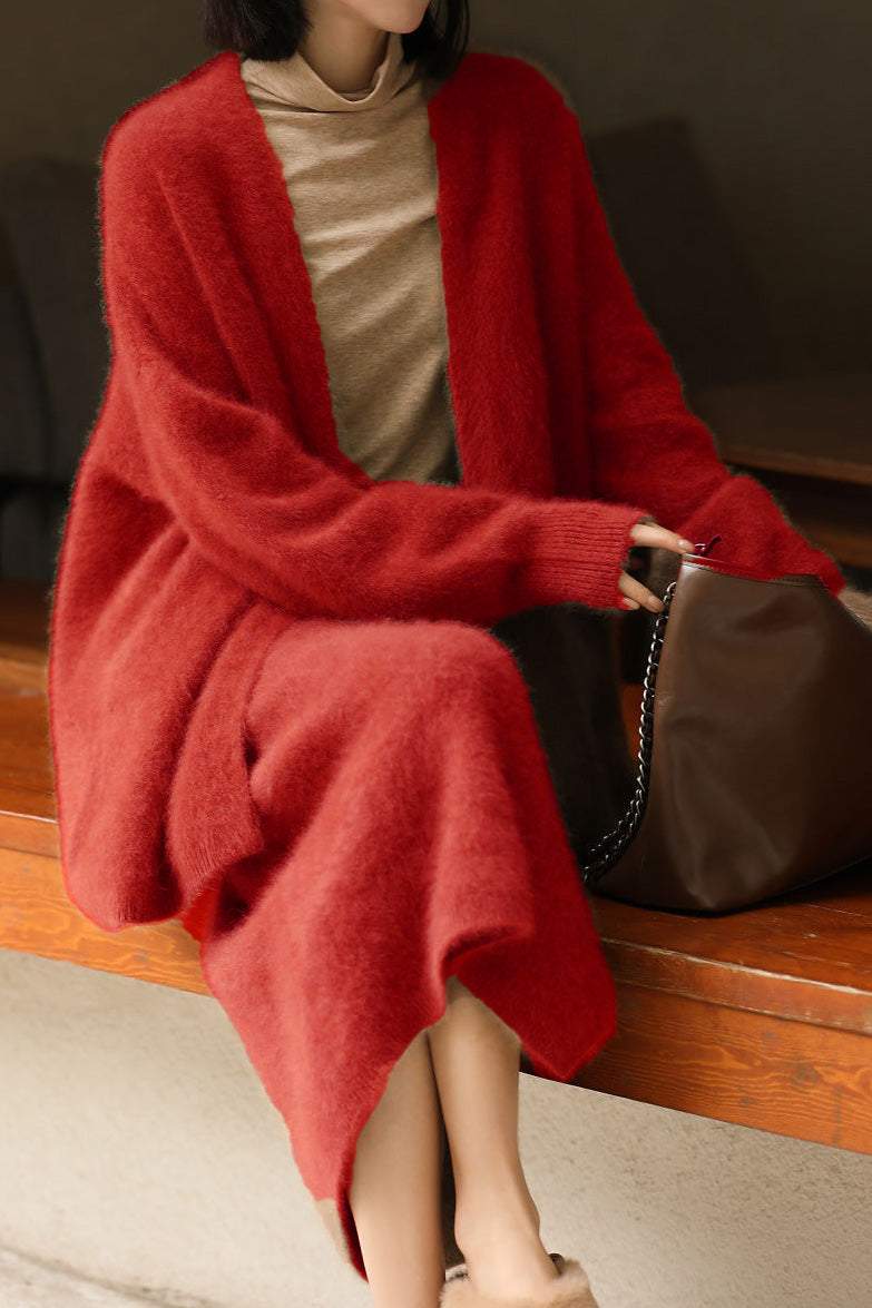 Cashmere-like Knit Cardigan and Knit Skirt Set - liwisi