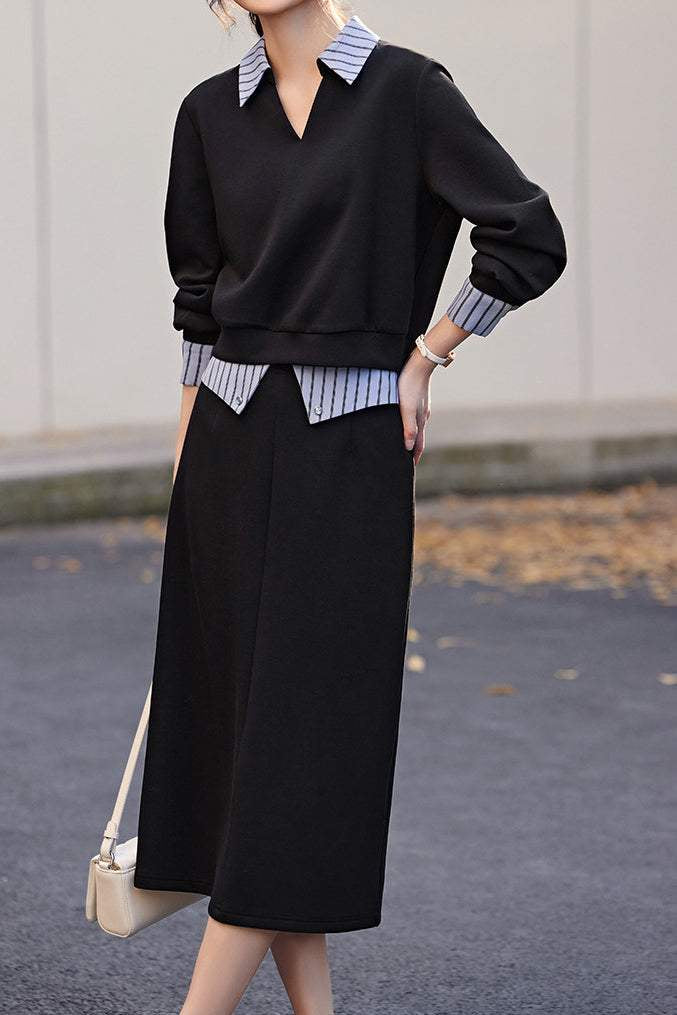 Shirt Collar Color-Block Two-Piece Set - liwisi