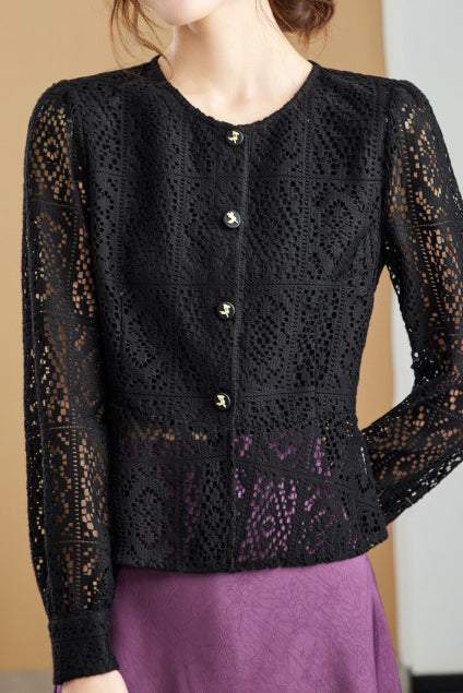 Round Neck Openwork Long Sleeve Cardigan with Lining - 2 Colors Available - liwisi