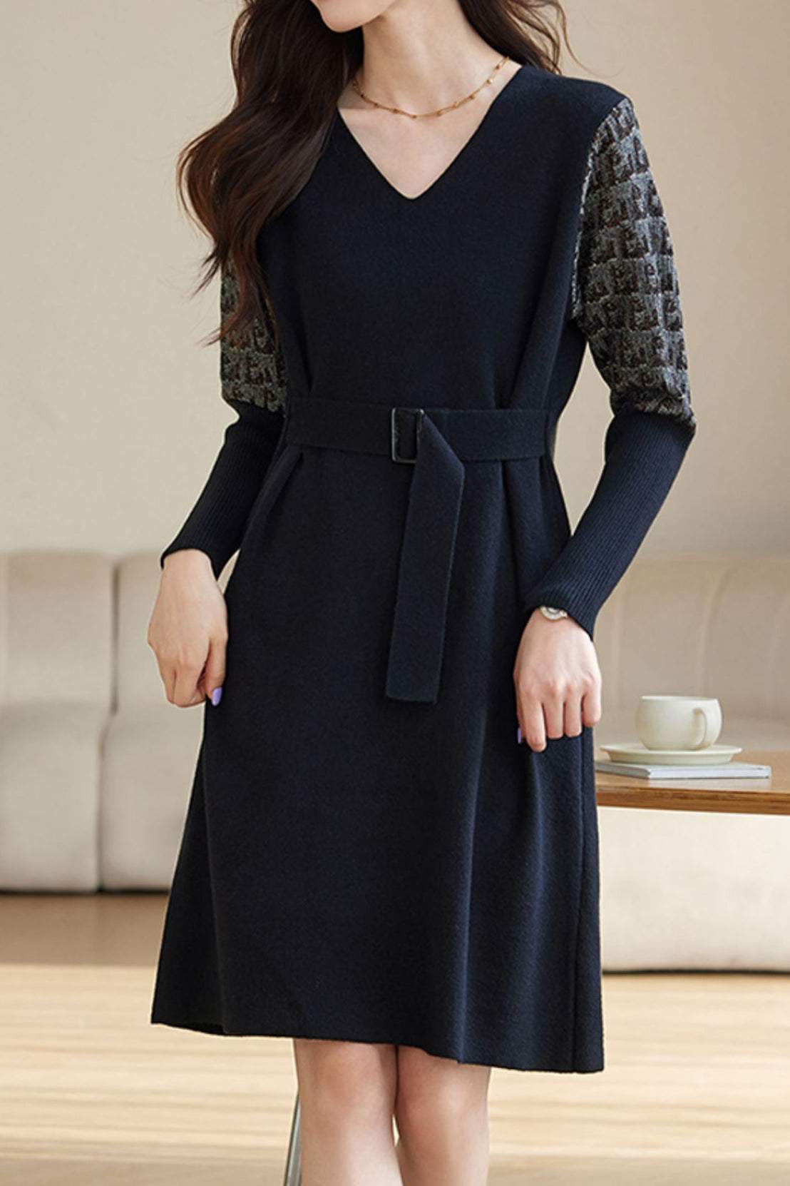 Mid-Length Patchwork Knit Dress - liwisi