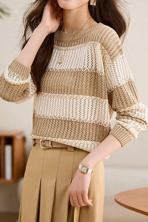 Contrast Color Hollow Out Knit Sweater - liwisi