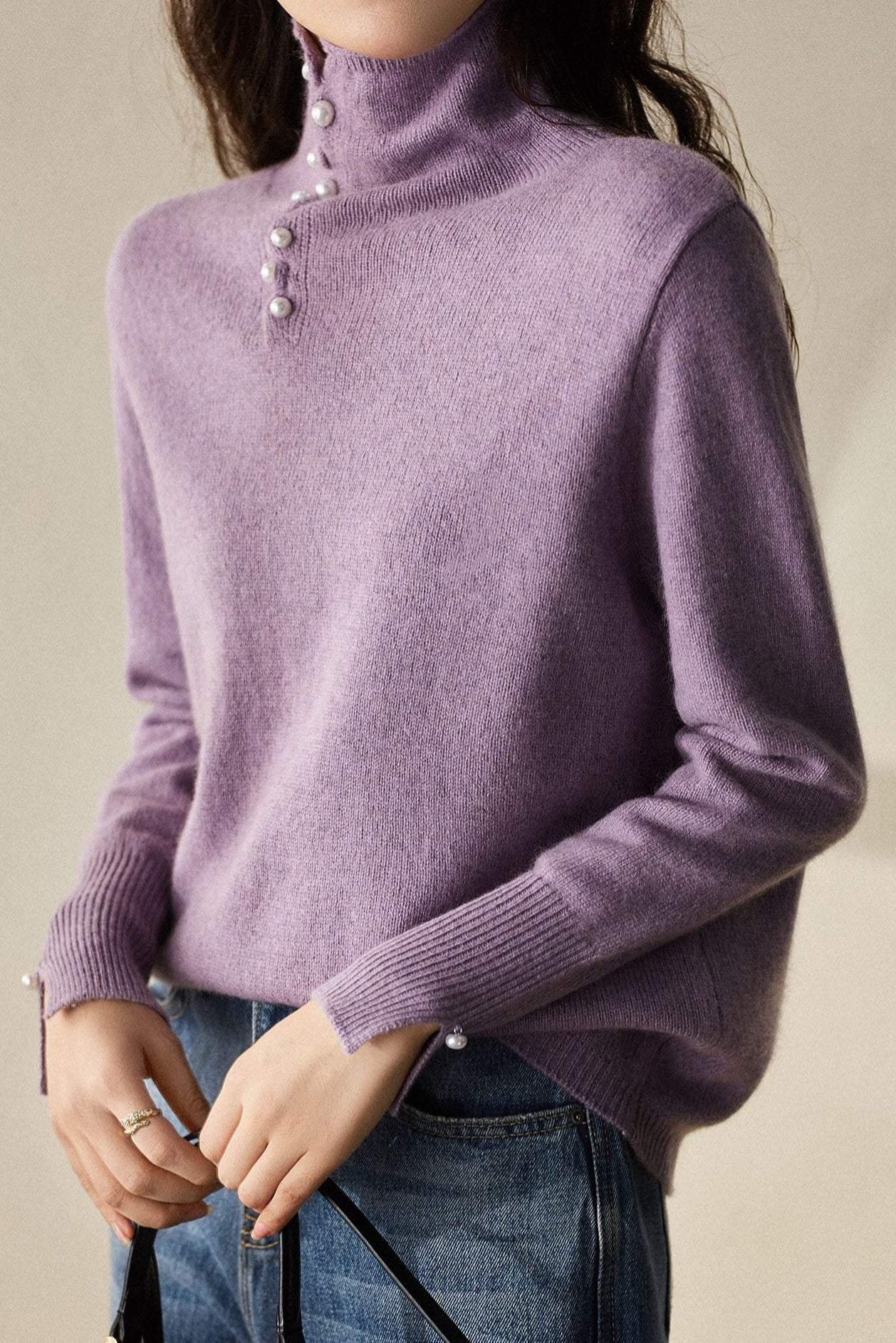 ハイネック袖スリットパール装飾ニット 4色入 - liwisi