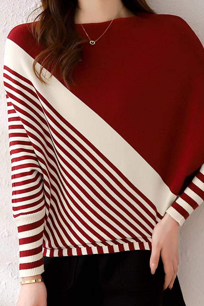 Round Neck Drop Shoulder Striped Contrast Knit - 5 Colors Available - liwisi
