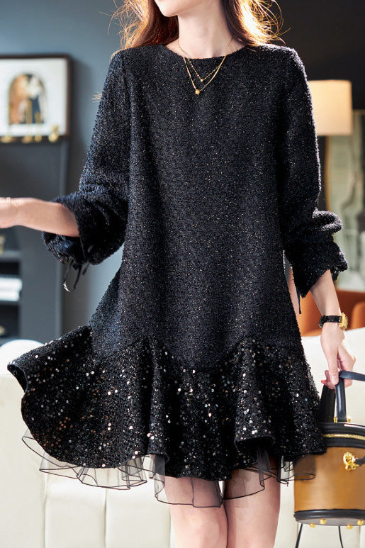 Round-neck mesh sequin spliced dress - liwisi