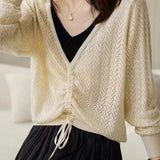 Cutout Jacquard Two-tone V-Neck Faux-Layer Knit Sweater - liwisi