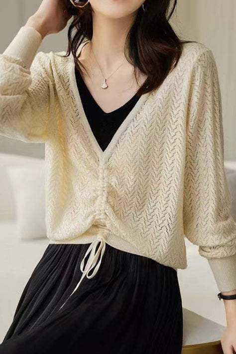 Cutout Jacquard Two-tone V-Neck Faux-Layer Knit Sweater - liwisi