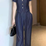 Two-Piece Set: Square Neck Back Shirring Blouse + Side Pocket Straight Maxi Pants - liwisi