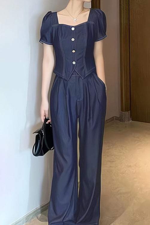 Two-Piece Set: Square Neck Back Shirring Blouse + Side Pocket Straight Maxi Pants - liwisi