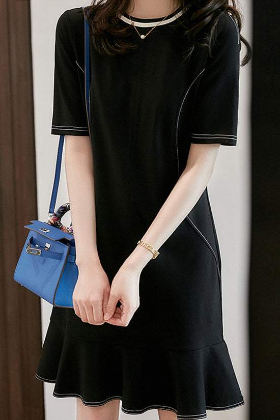 Round Neck Side Stitch Decor Flare Dress - liwisi