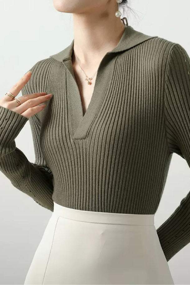 Skipper Collar Sheer Sleeve Knit Top - 5 Colors Available - liwisi