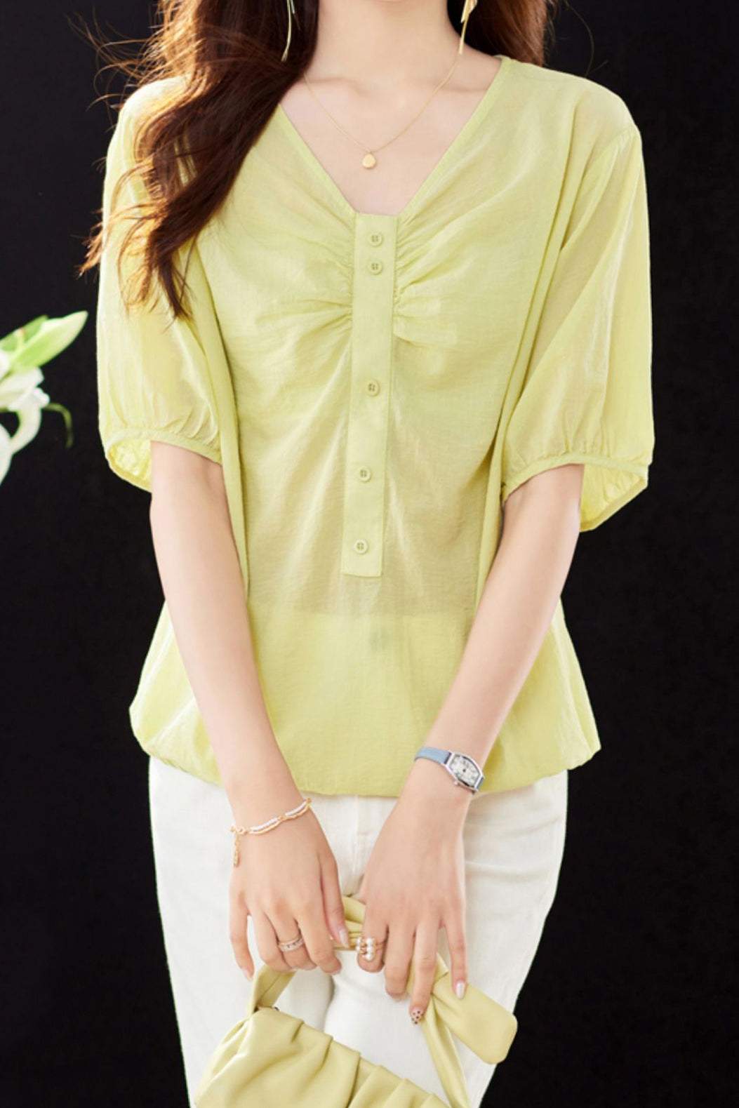 V-Neck Front Button Decor Drawstring Gathered Blouse - 3 Colors Available - liwisi