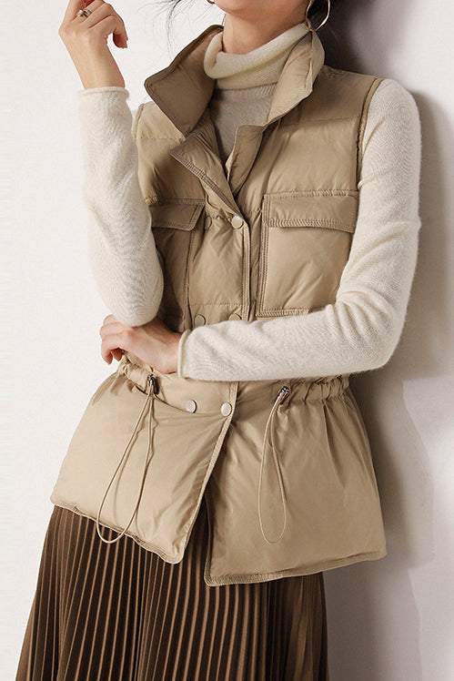 Drawstring cinched-waist down vest - liwisi