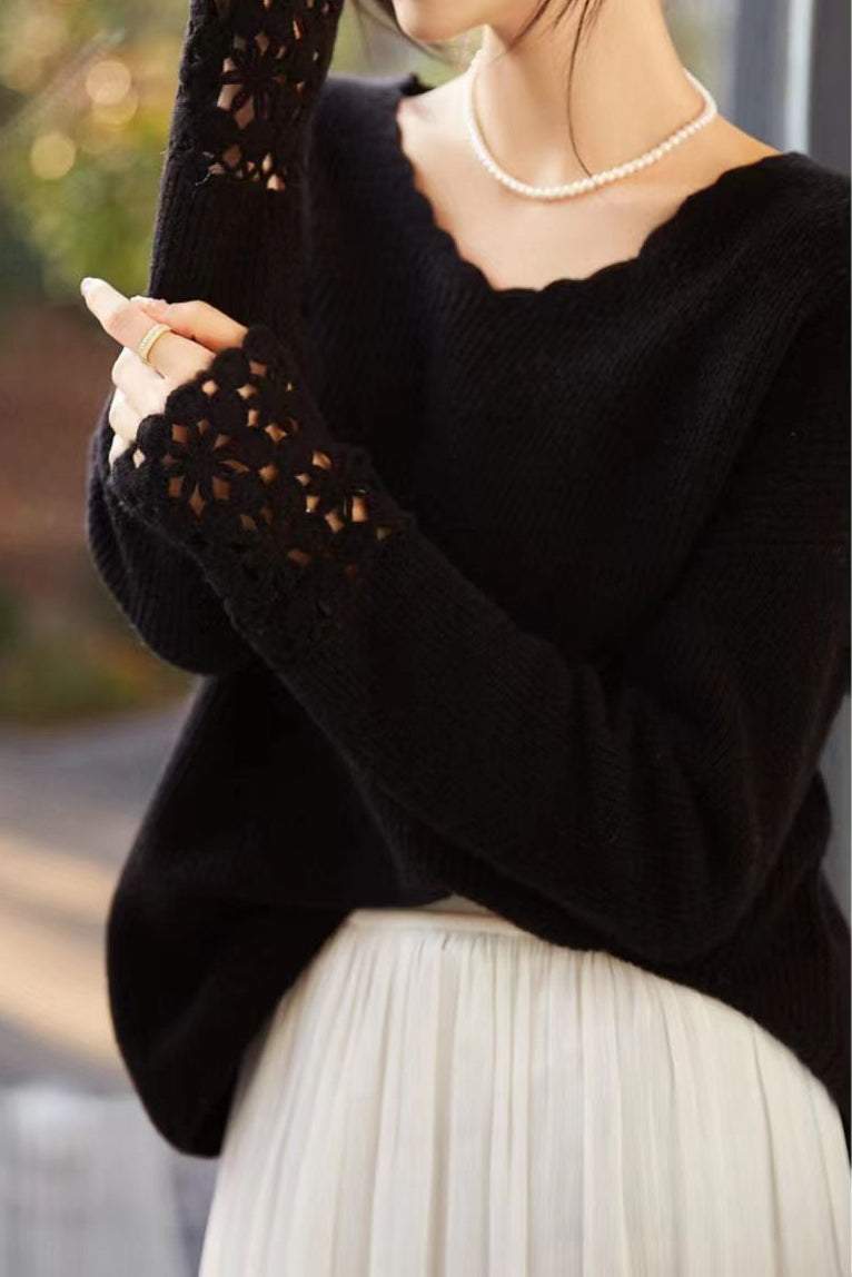 Ruffled Collar Open Knit Drop Shoulder Knit - 2 Colors Available - liwisi